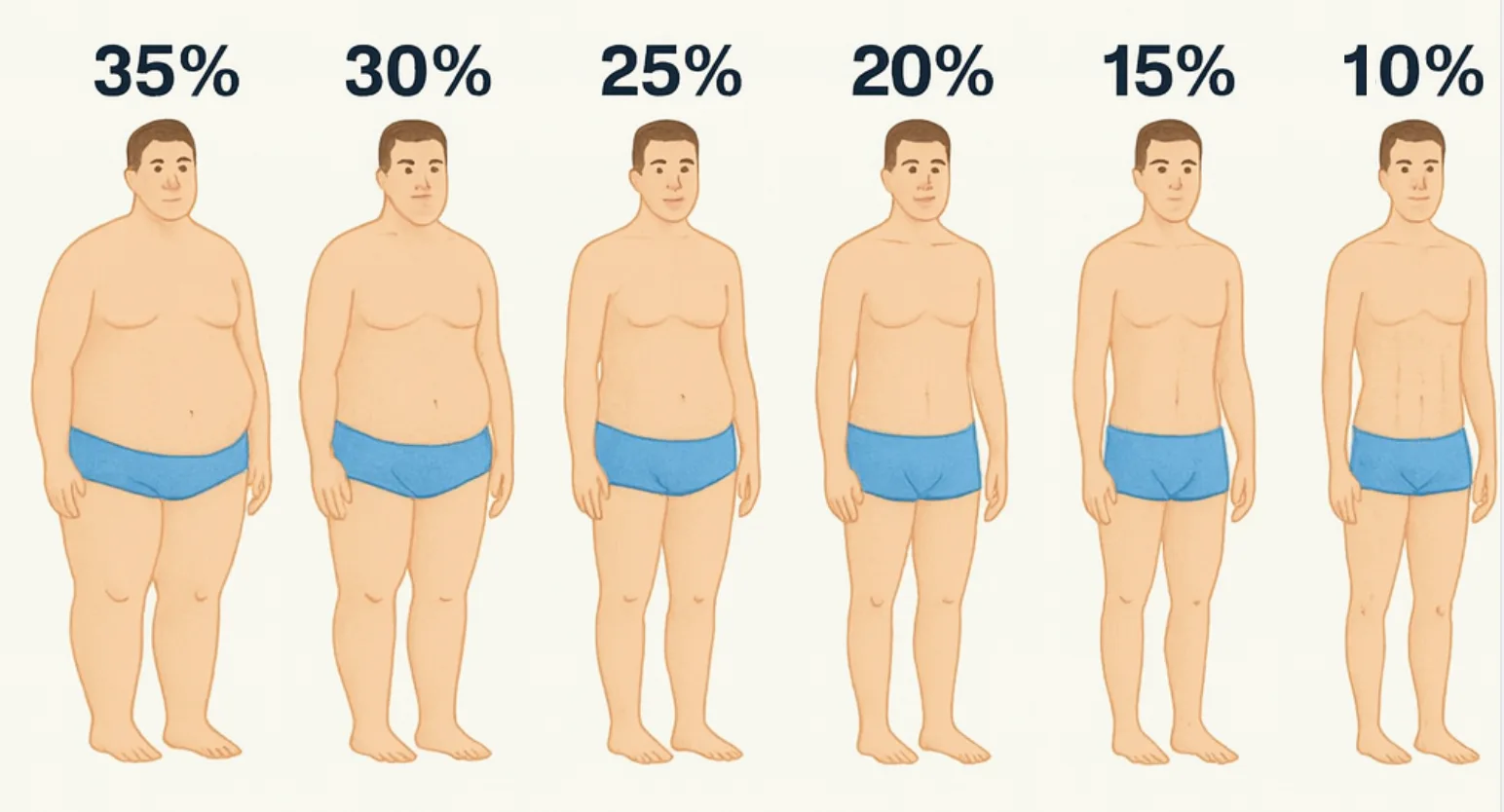 Male body figures from 35% to 10% body fat — visual comparison chart